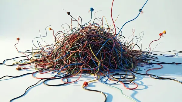 Tangled cables representing failed AI project complexity