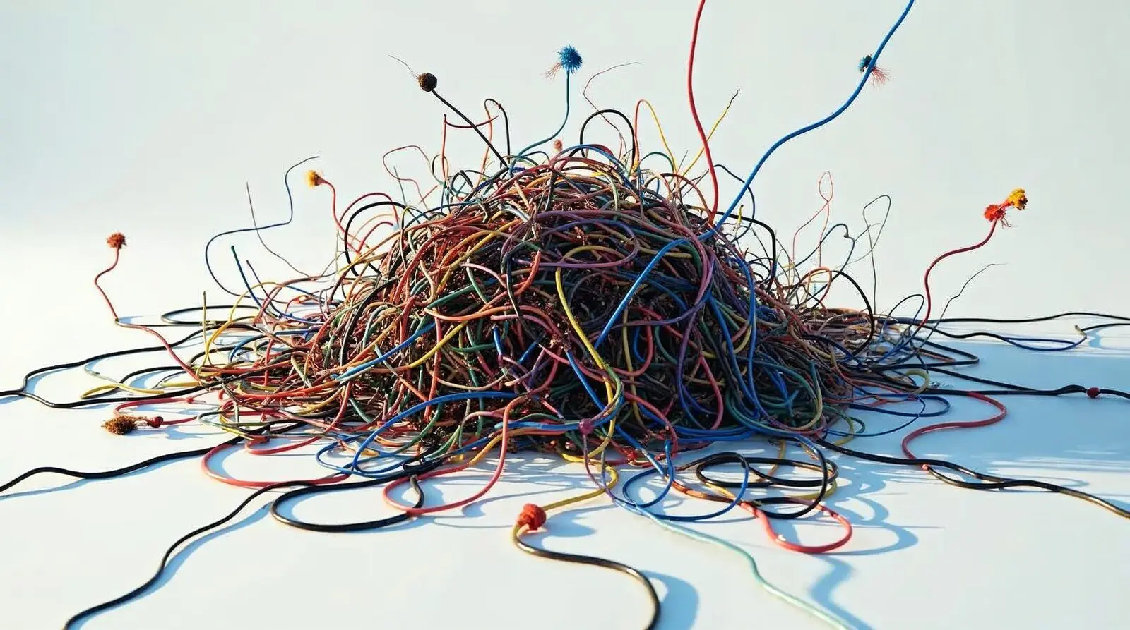 Tangled cables representing failed AI project complexity