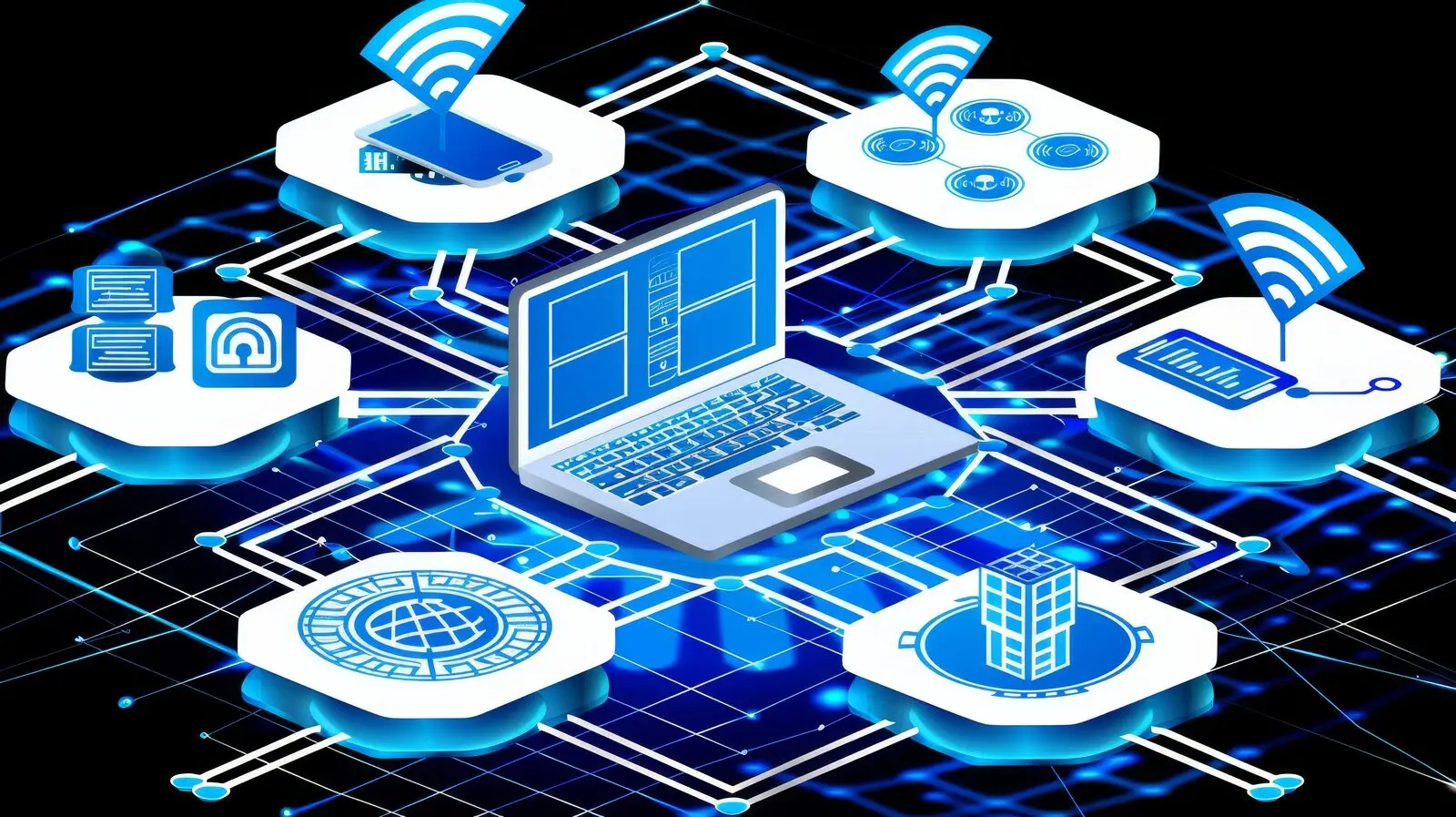 Connected devices and network visualization showing integrated business technology systems