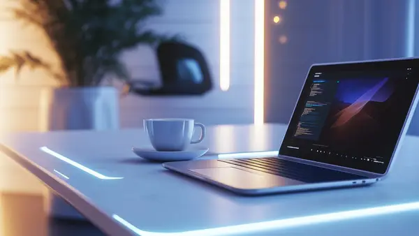 Futuristic minimalist workspace with ambient lighting representing modern AI tools for business