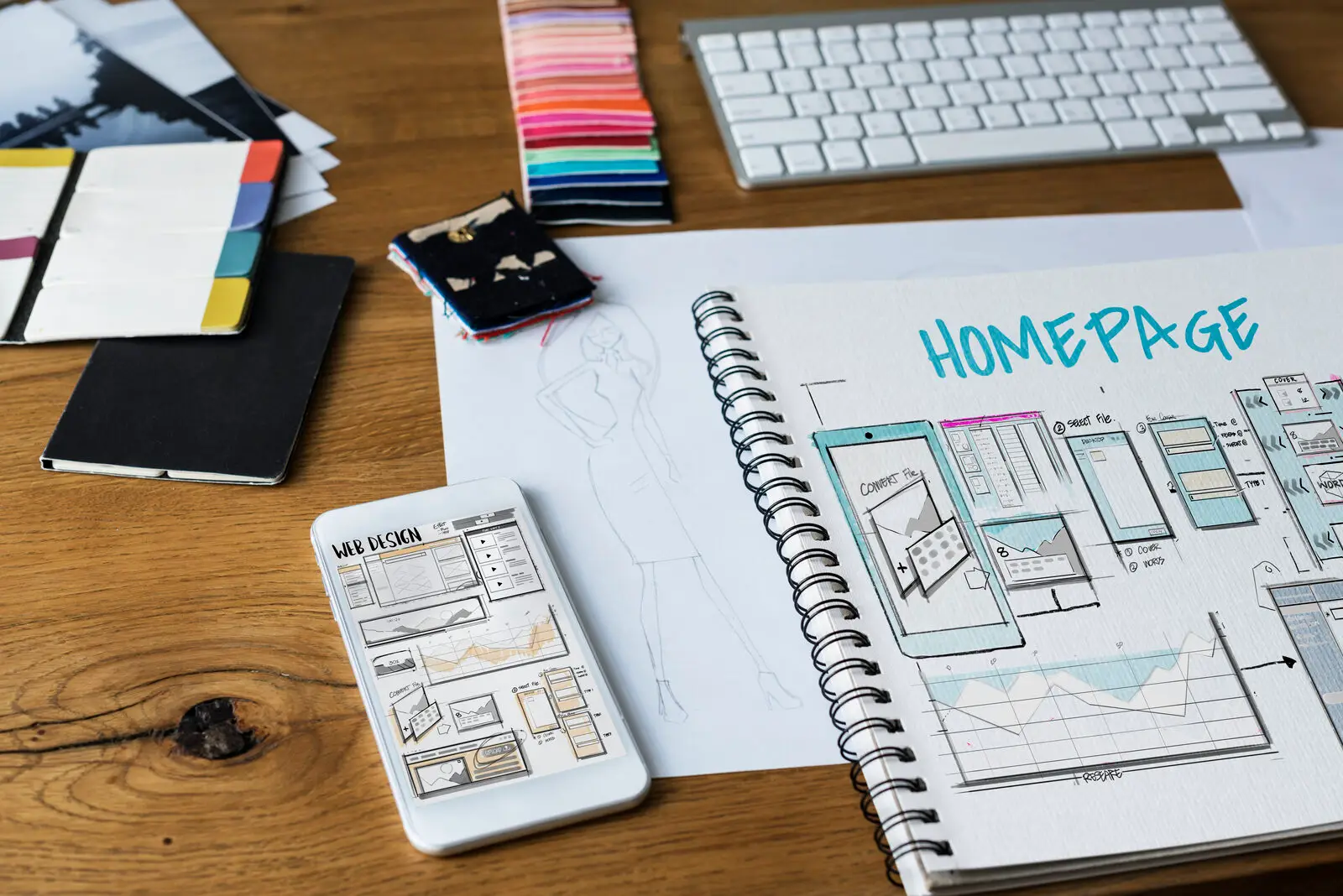 Hand-drawn app and website screen wireframes in a sketchbook beside a phone showing a matching layout, representing scope planning before an app build
