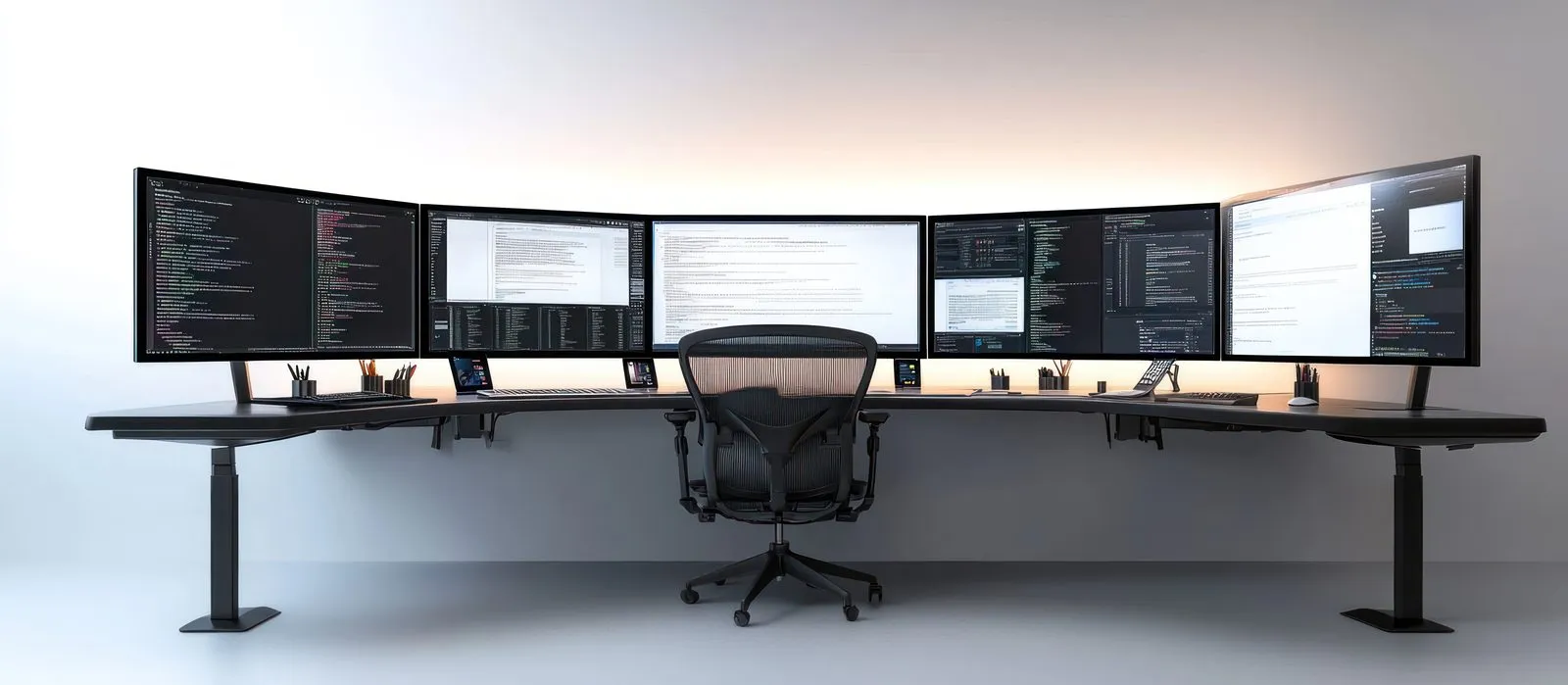 Multi-monitor programmer workstation displaying code and dashboards for business process automation