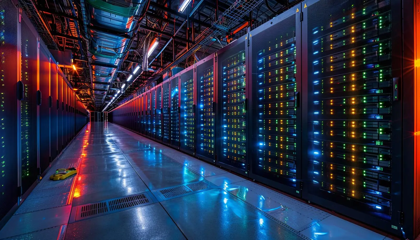 Modern server room with illuminated racks representing the infrastructure powering business process automation