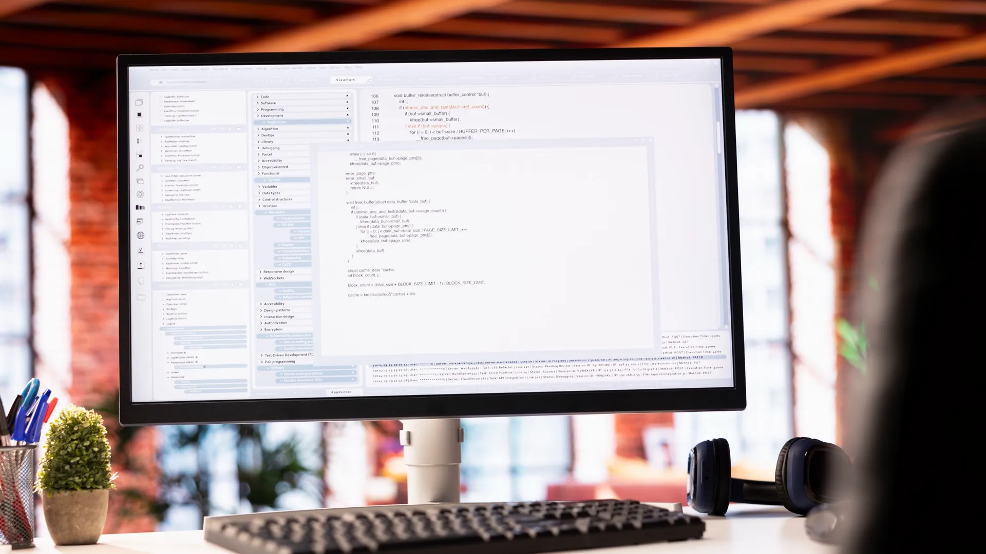 Custom business software in development, showing a code editor and application interface on a workstation monitor
