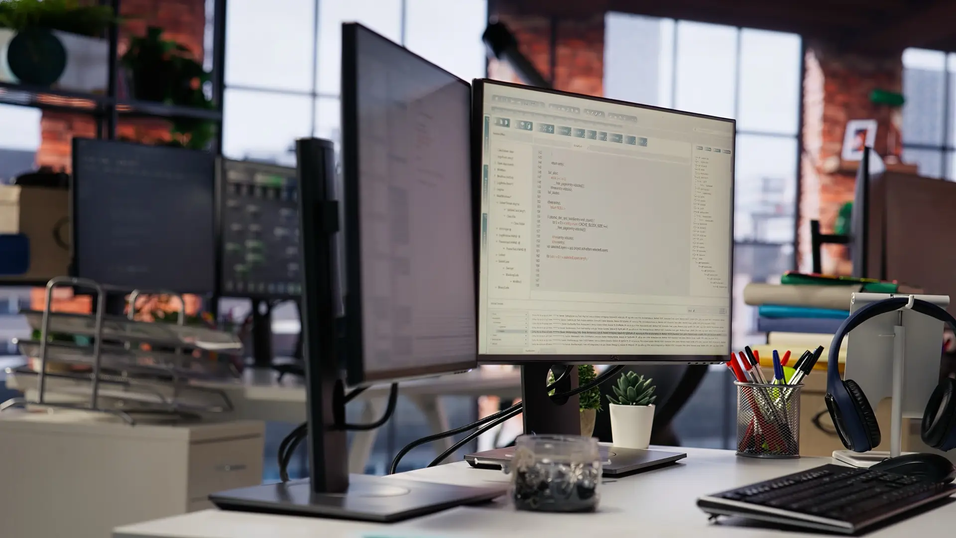 Custom software under development across multiple monitors, with source code and a running application view side by side