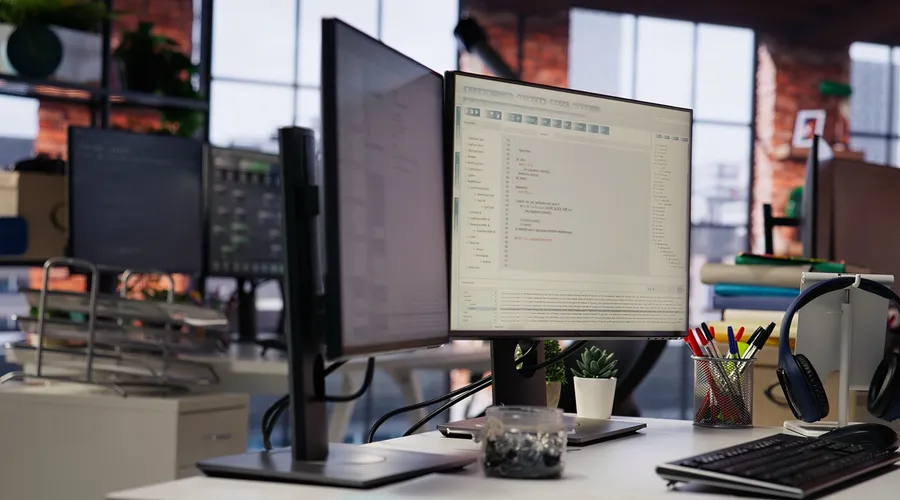 Custom software under development across multiple monitors, with source code and a running application view side by side