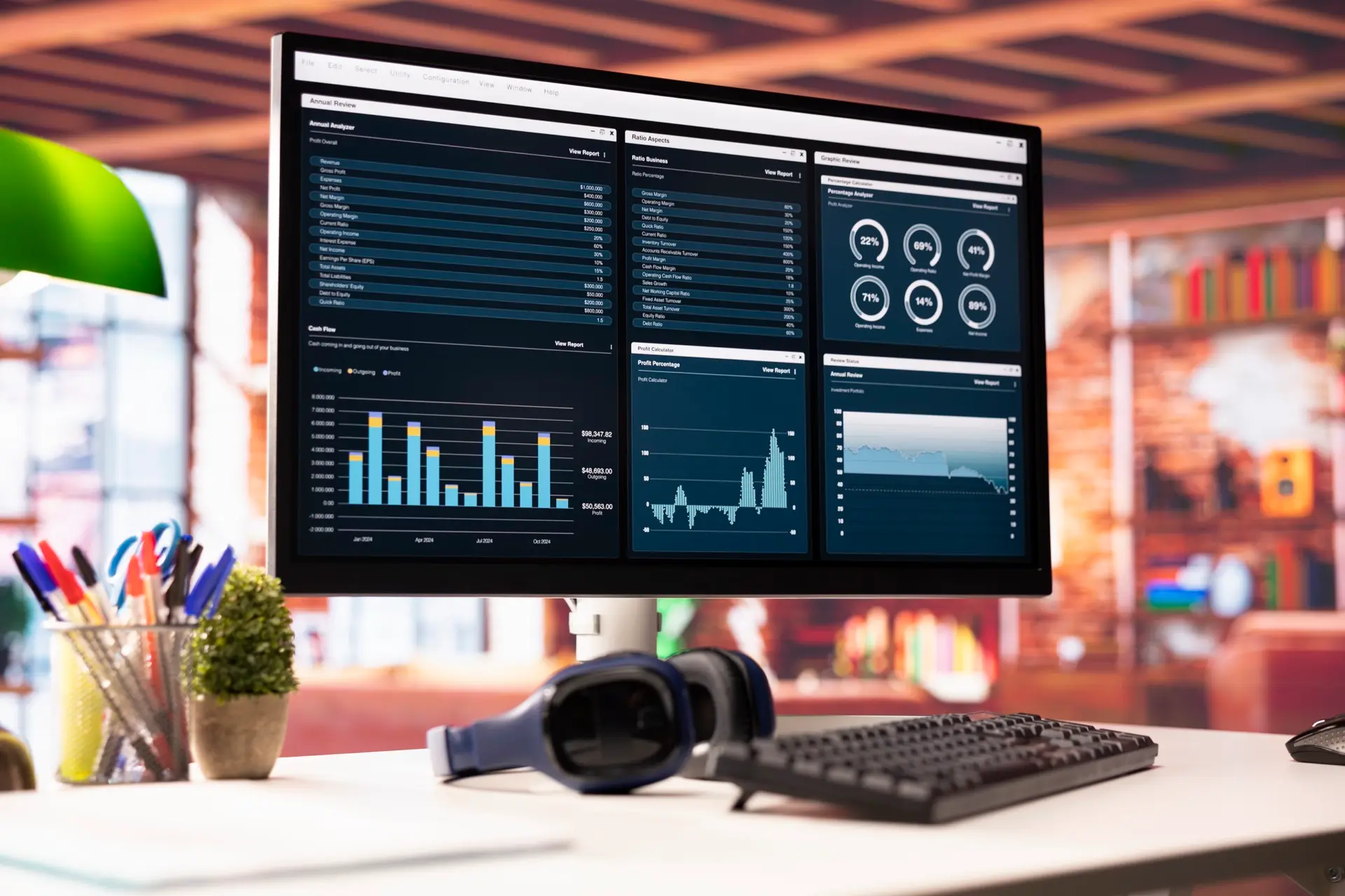 Business reporting dashboard showing cash flow, profit margin and revenue figures pulled together on a single custom screen