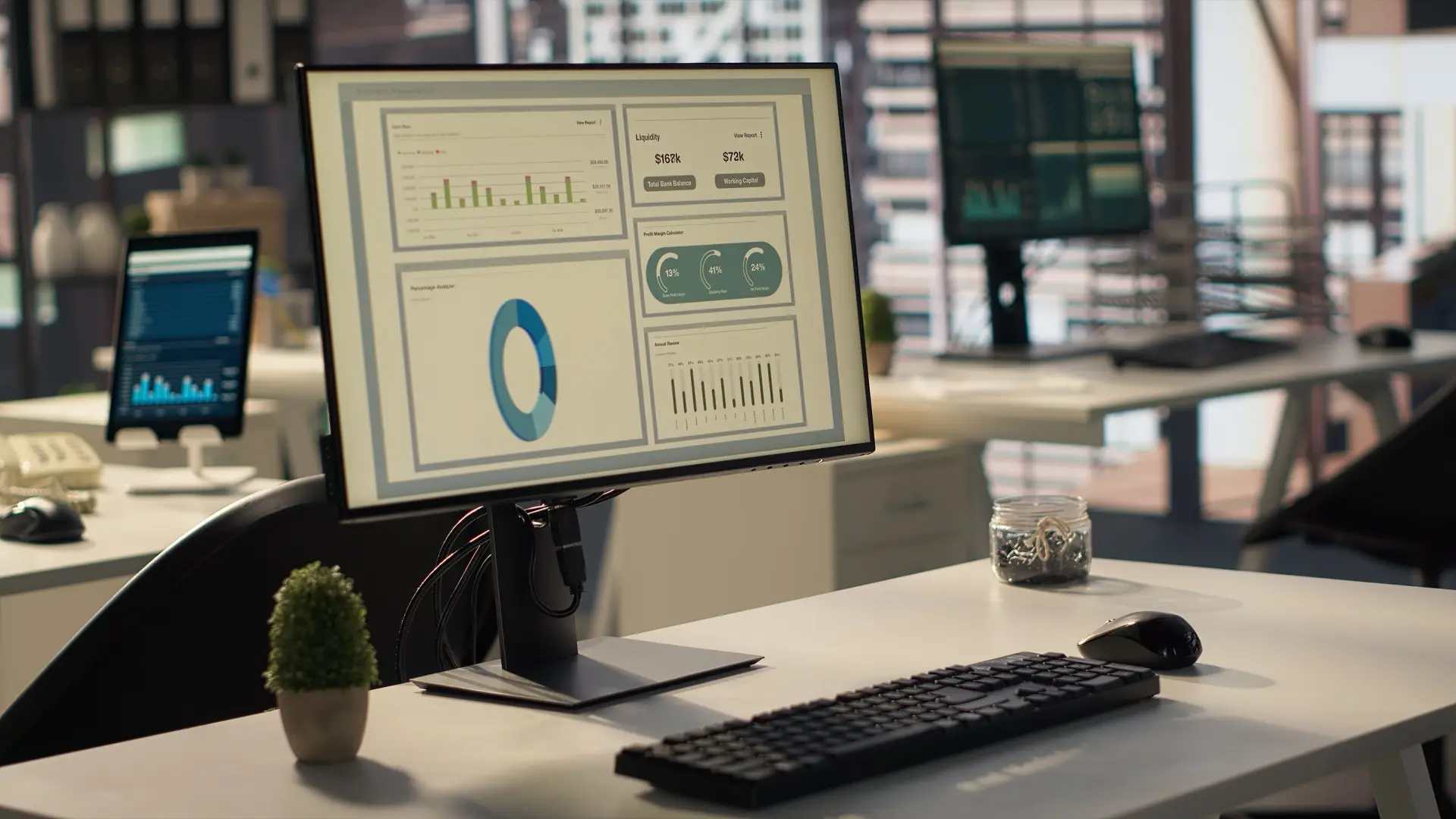 Custom business dashboard displaying cash flow, liquidity and profit margin figures on an office workstation
