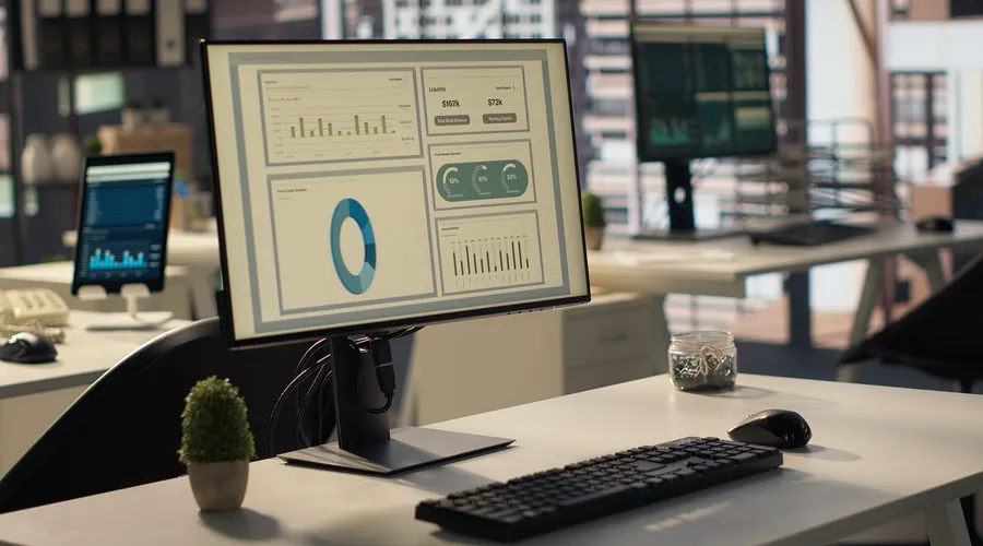 Custom business dashboard displaying cash flow, liquidity and profit margin figures on an office workstation