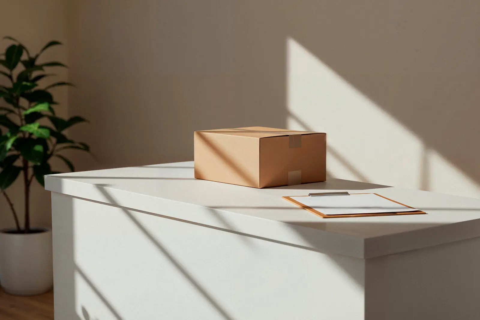 A single cardboard parcel and clipboard on a table in natural light, representing the repeat purchase and post-delivery experience