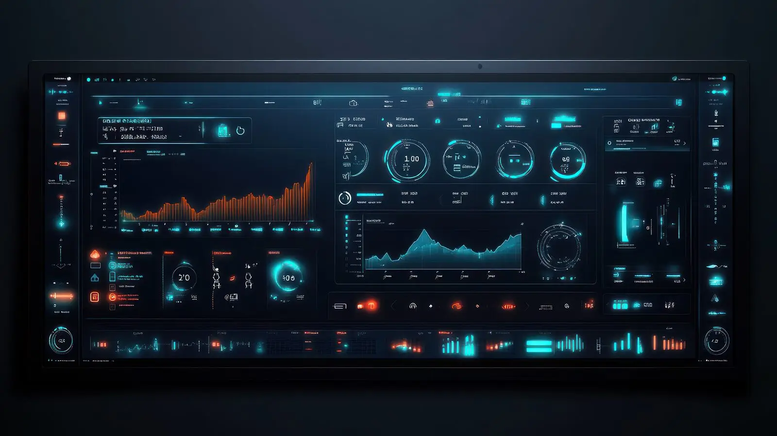 Futuristic digital dashboard with data visualizations and analytics graphs representing technology oversight and strategic monitoring
