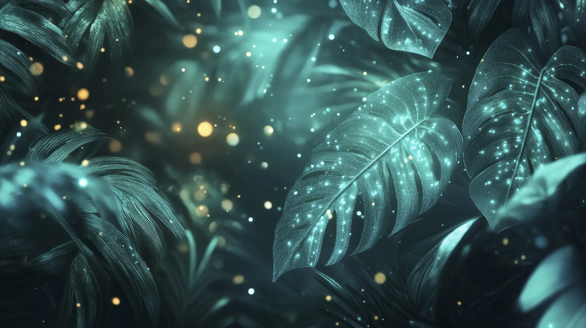 Dark tropical foliage illuminated by ethereal glowing particles representing AI-driven technology and innovation