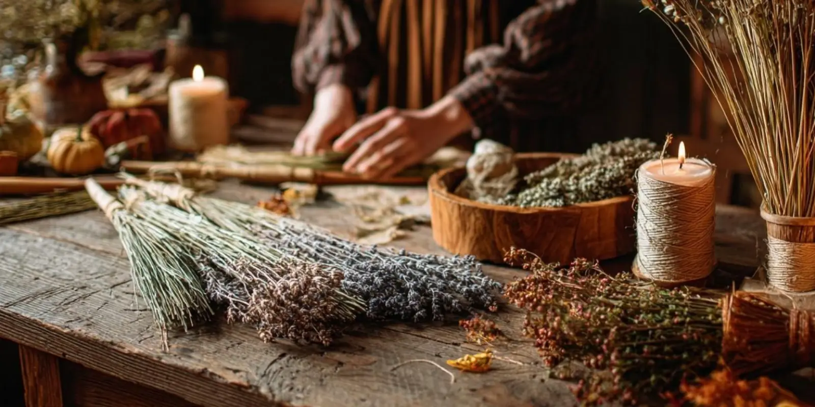 Hand-tied brooms, dried herbs and candlelight at an Ivory & Sage Homeschool traditional broom making workshop in Brooksville, Florida