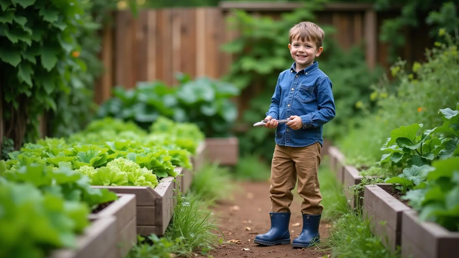A child tending raised vegetable beds at the Ivory & Sage Homeschool homestead in Brooksville, Florida