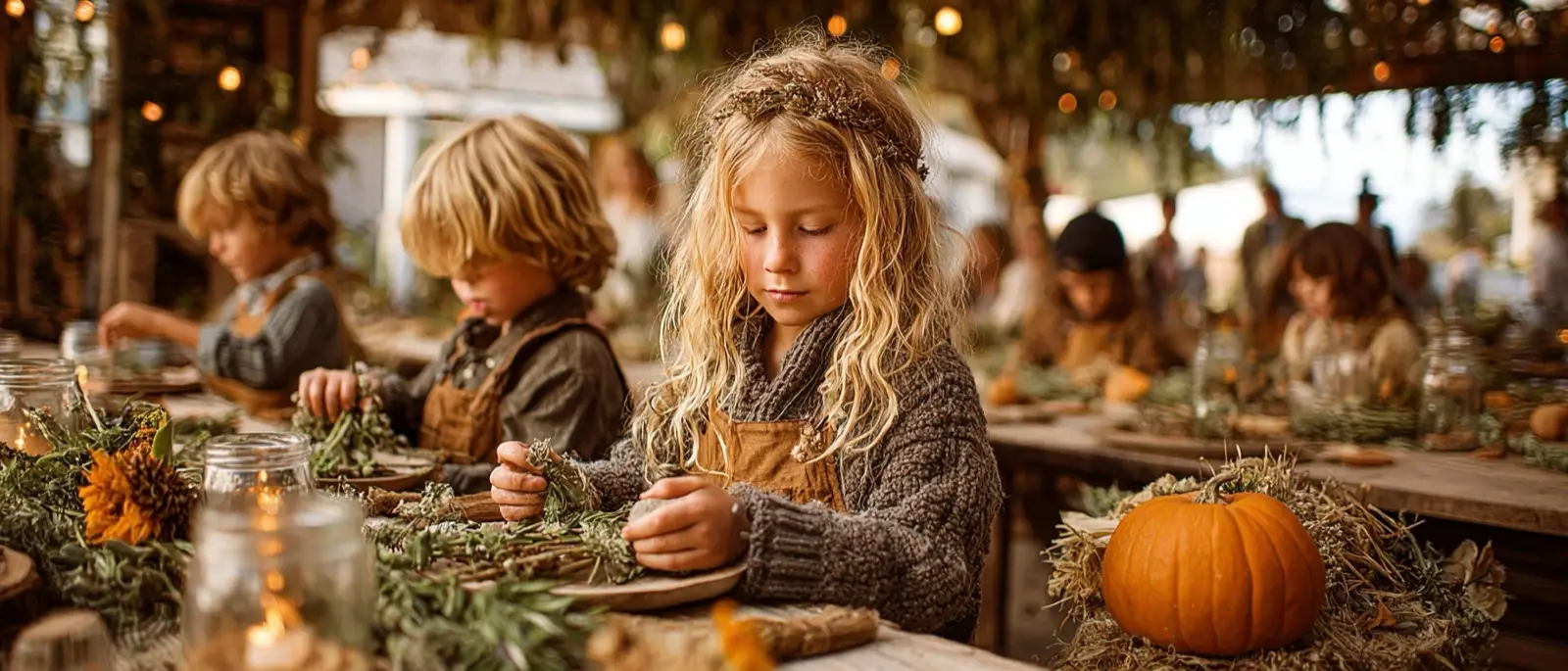 Children making dried flower wreaths at a long table during an Ivory & Sage Homeschool harvest workshop