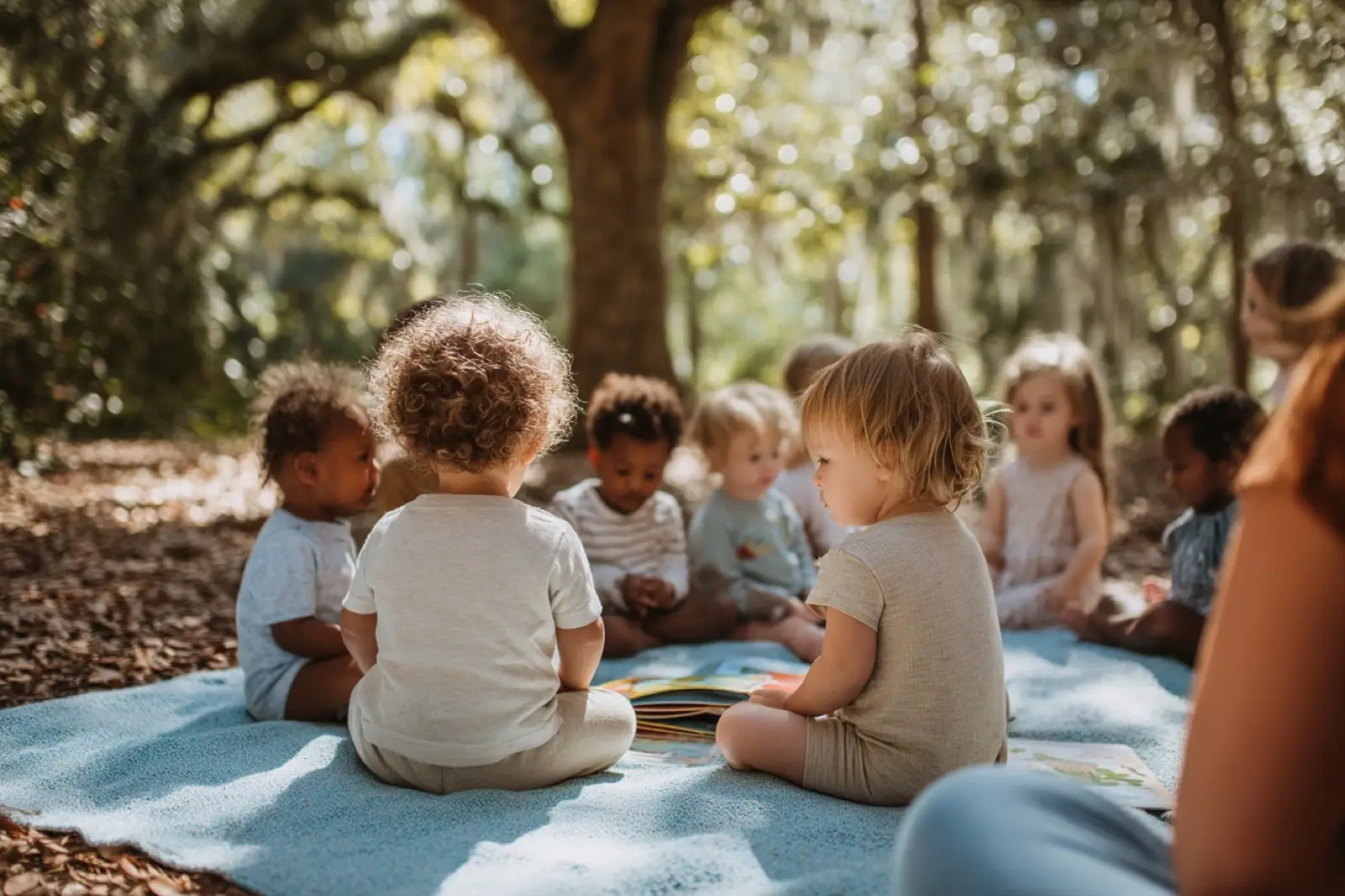 Toddlers gathered on a blanket for Storytime Garden under live oaks at Ivory & Sage Homeschool in Brooksville, Florida