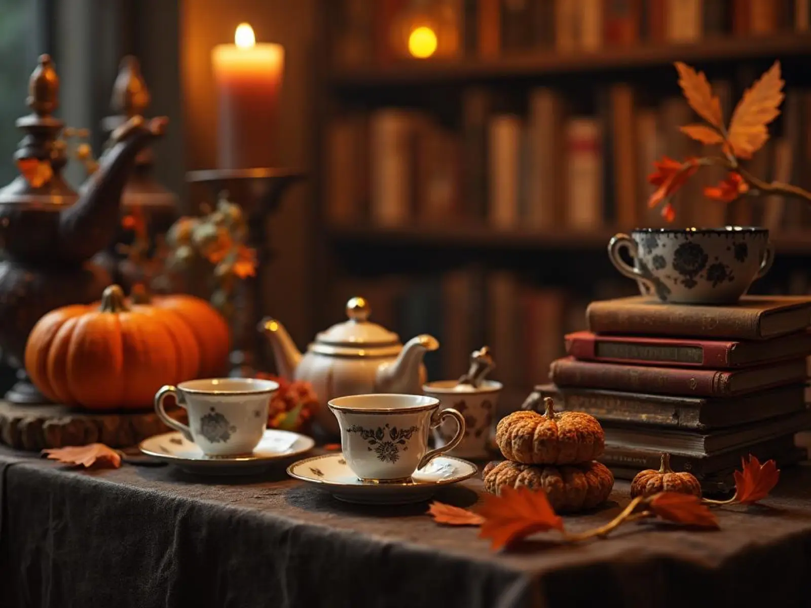 Vintage teacups, books and autumn pumpkins from an Ivory & Sage Homeschool seasonal tea event in Brooksville, Florida