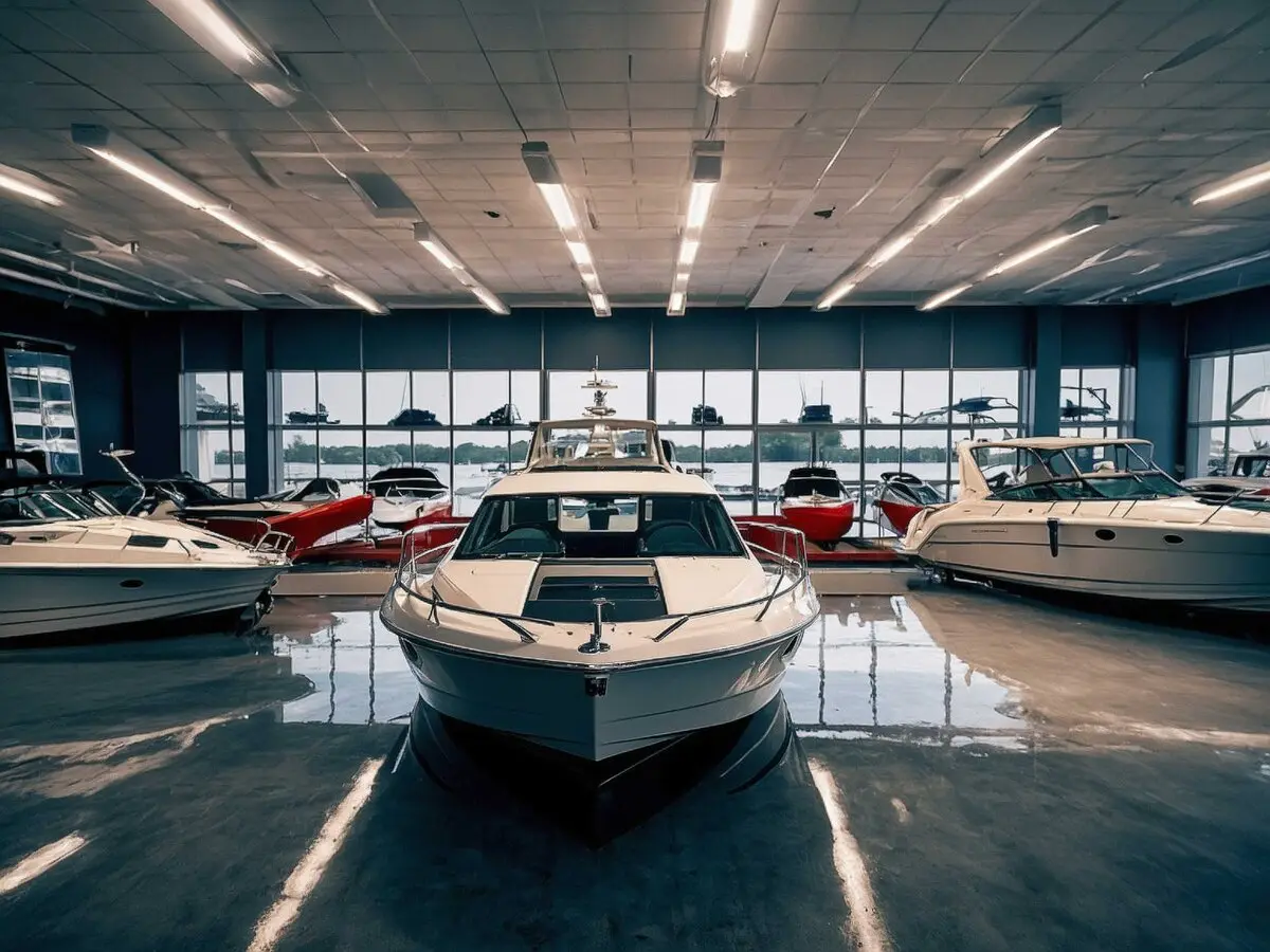Boat dealership showroom with yachts representing marine industry digital marketing