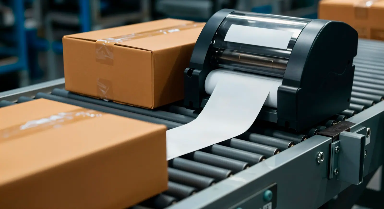 Automated label printer on a conveyor line, representing lead routing and workflow automation for marketing operations