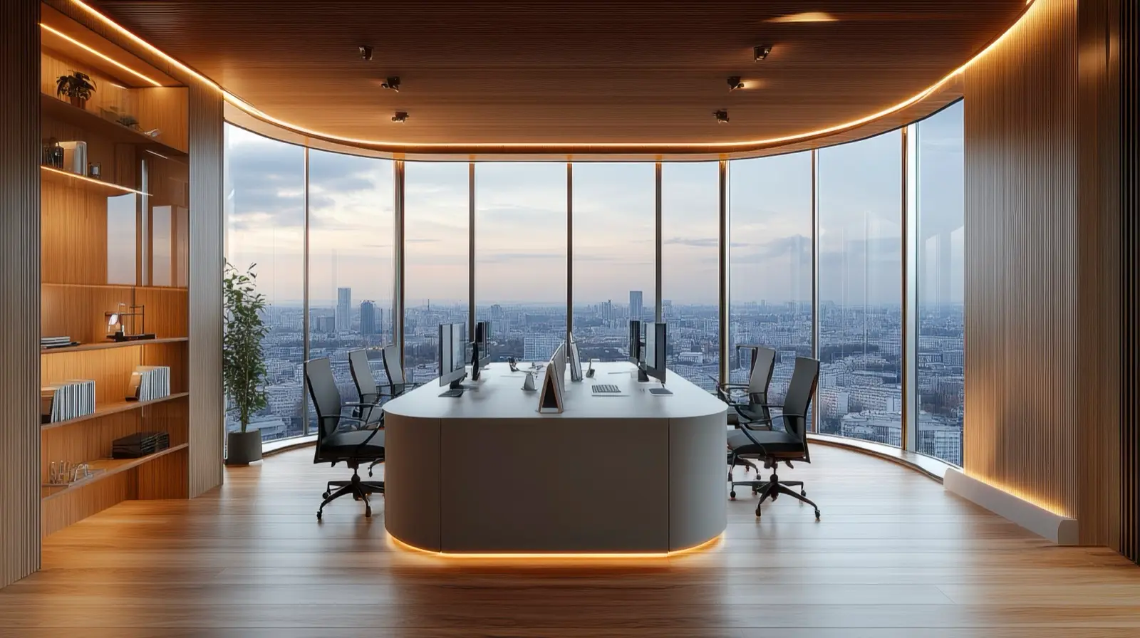 Modern Central Florida office meeting space overlooking the city, representing digital marketing strategy sessions for Orlando and Tampa businesses