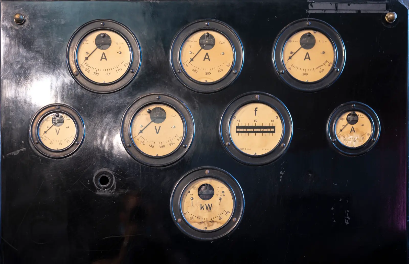 Bank of analog measurement gauges on a control panel, representing marketing attribution and conversion tracking for small businesses