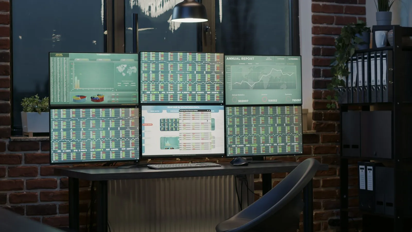 Multi-monitor workstation with stock charts and data displays representing always-on AI agent monitoring and business automation