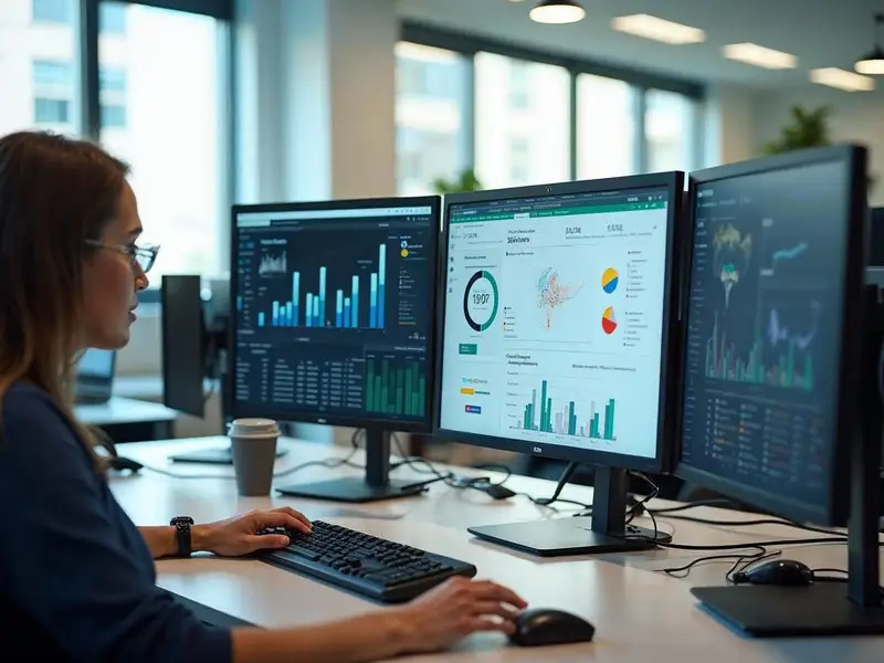 Three desk monitors filled with bar charts, pie charts and a regional map in a bright open-plan office