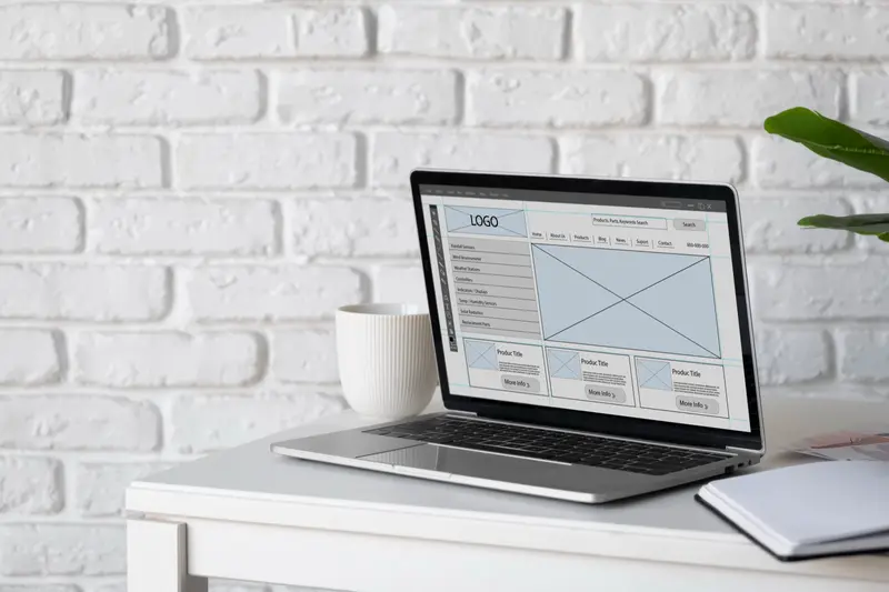 Laptop displaying a website wireframe layout beside design tools, representing custom web design for Sarasota Florida businesses