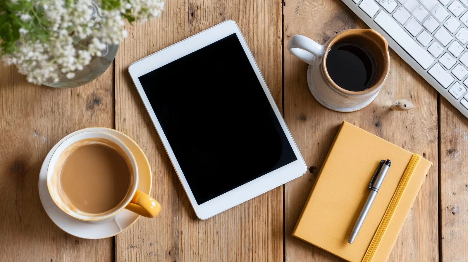 Modern workspace with tablet, notebook, and coffee for AI strategy planning session