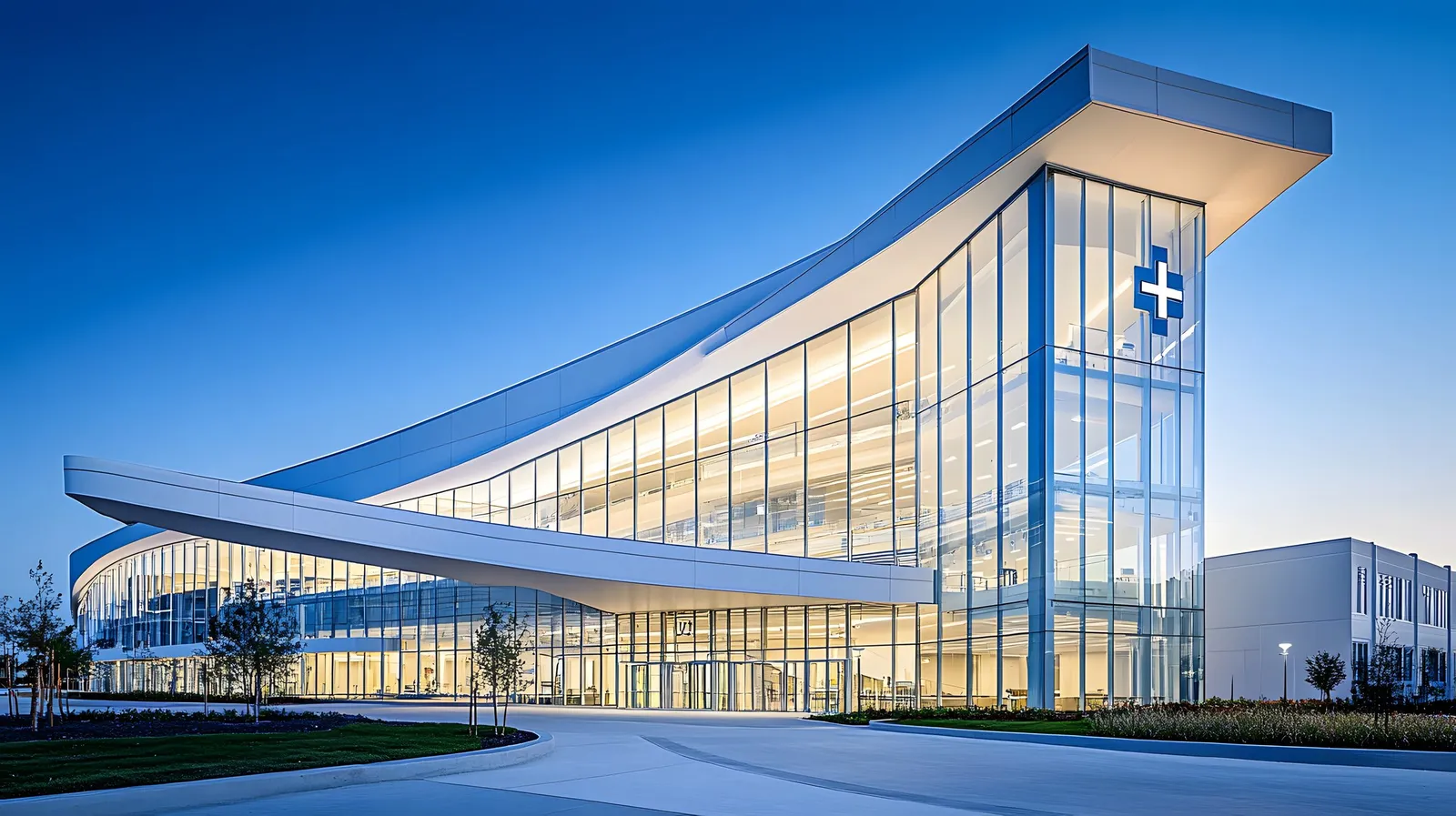 Modern hospital building with glass facade and geometric architecture representing Tampa Bay's expanding healthcare and medical technology sector