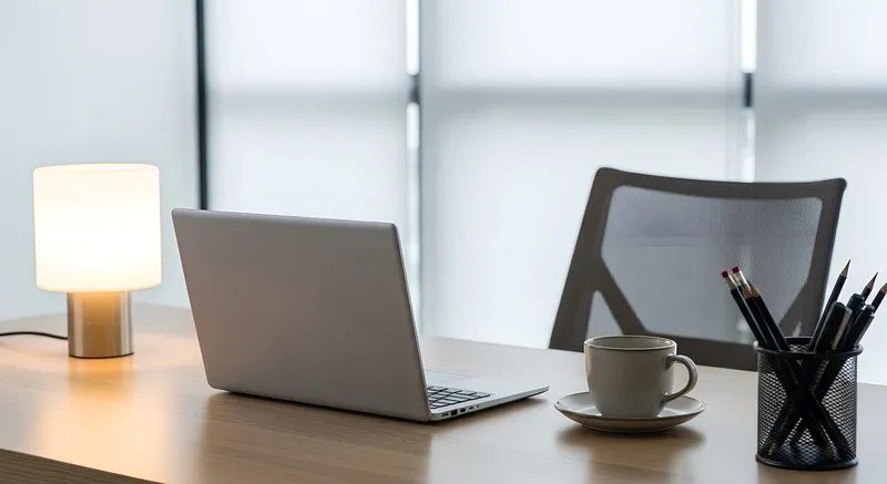 Modern workspace with laptop lamp and coffee representing professional web design and development services for Tampa Bay businesses
