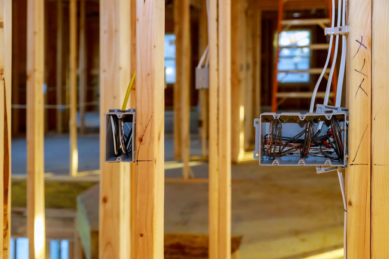 Electrical socket boxes and wiring installed on wooden beam wall framing in a new residential home under construction in the Tampa Bay area