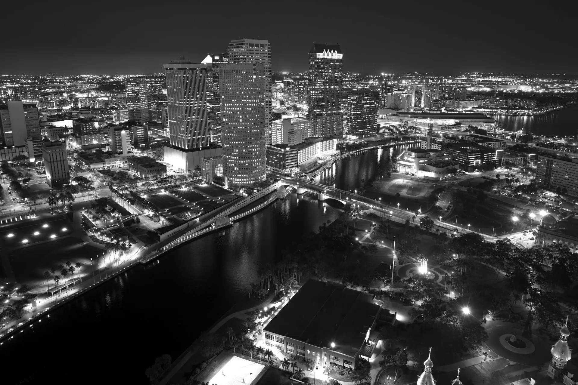 Aerial view of downtown Tampa Florida skyline at night showcasing the growing business and technology hub of Tampa Bay