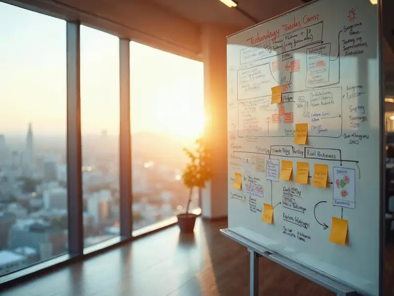 Technology strategy planning office with whiteboard roadmap and project diagrams for Tampa Bay business technology leadership