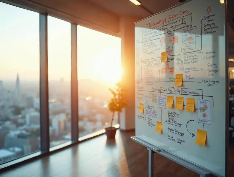 Technology strategy planning office with whiteboard roadmap and project diagrams for Tampa Bay business technology leadership