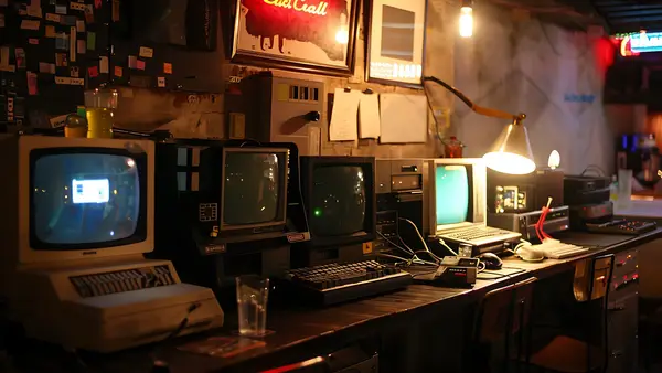 Vintage computers and monitors on a desk representing outdated website technology that needs modernization