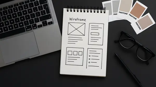 Wireframe sketches and design workspace representing an AI-generated website prototype