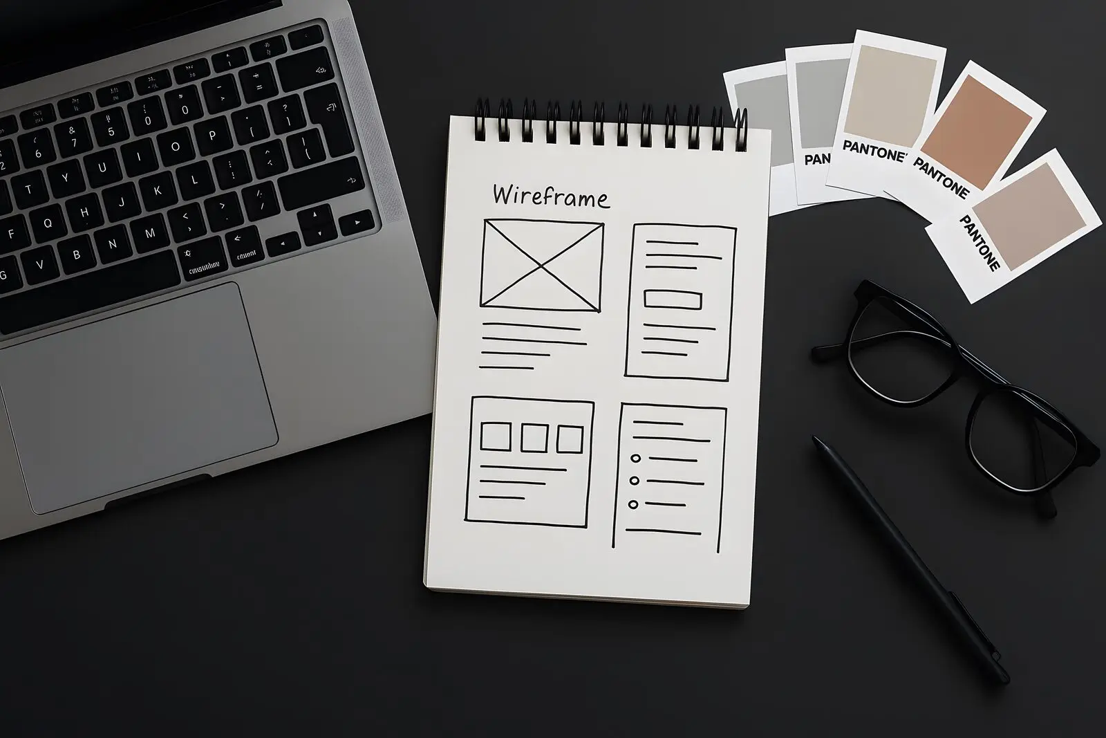 Wireframe sketches and design workspace representing an AI-generated website prototype