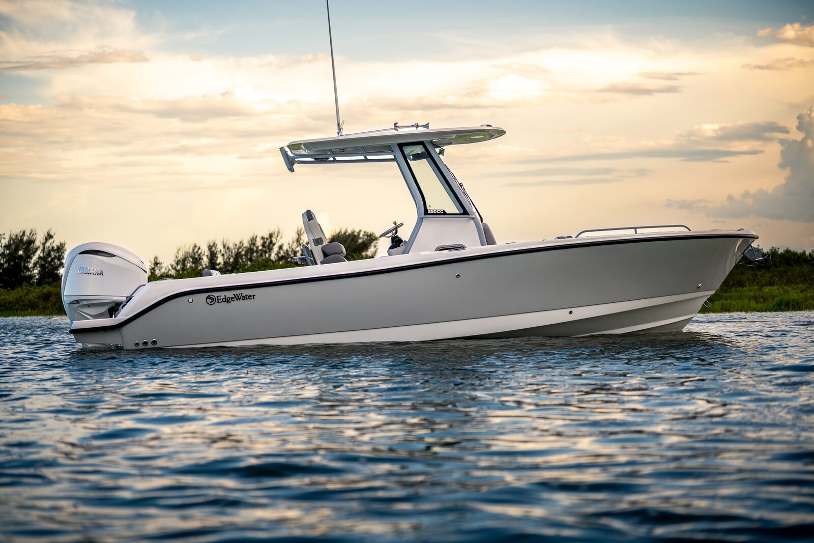 EdgeWater Boats fleet overview showing Center Console, Outrider, and Crossover series