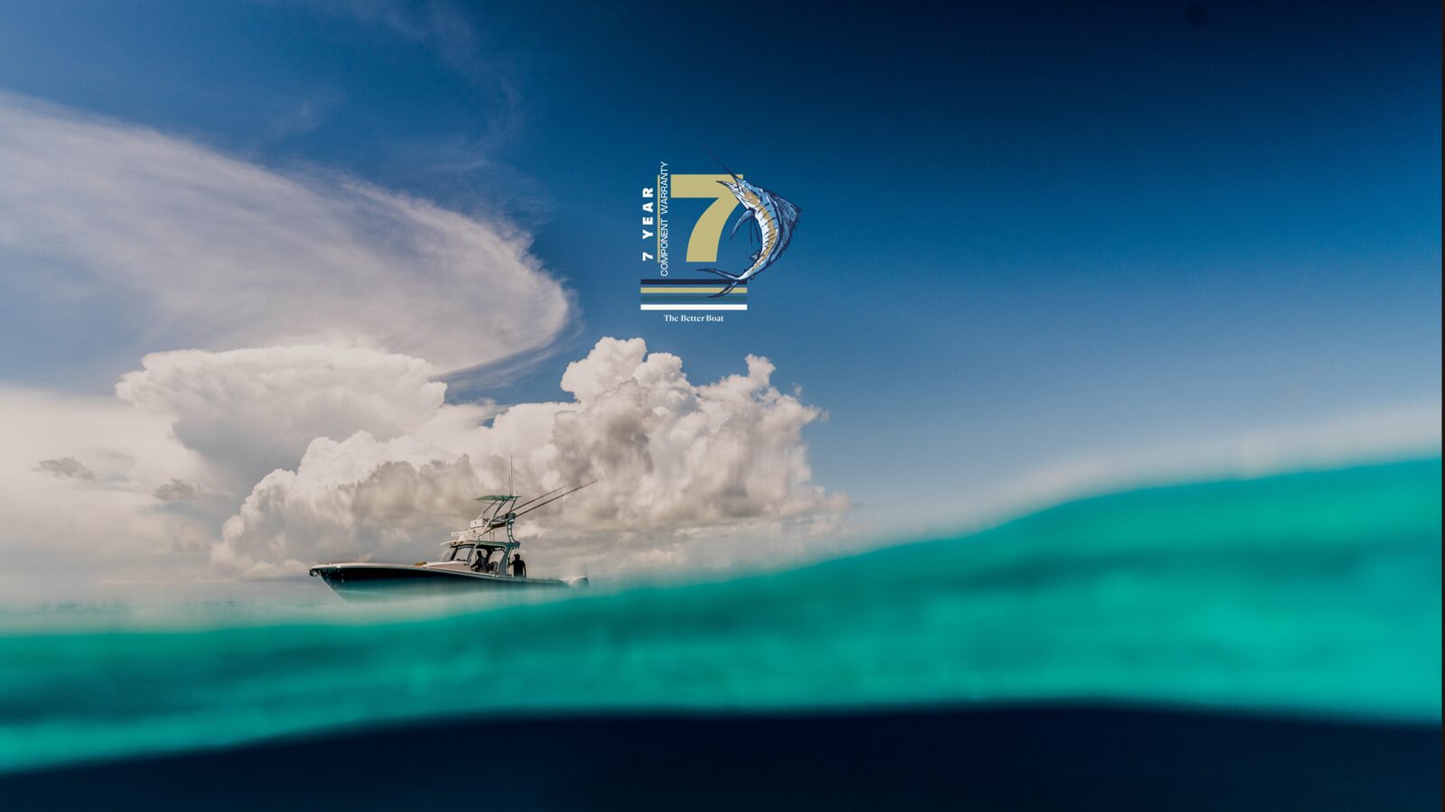 EdgeWater Boats homepage featuring dark navy design with premium photography of their fleet