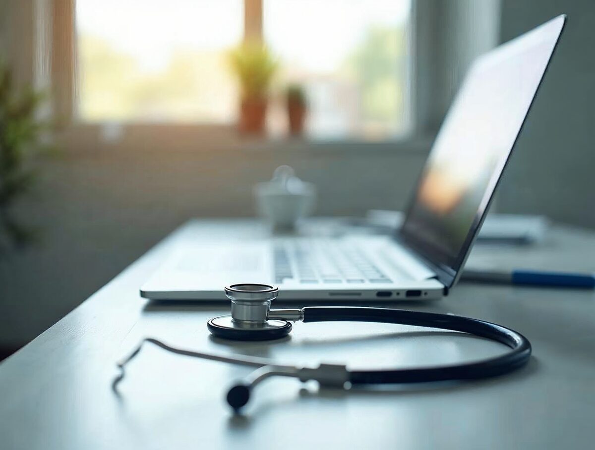 Stethoscope on laptop keyboard representing digital health technology for medical leave certification
