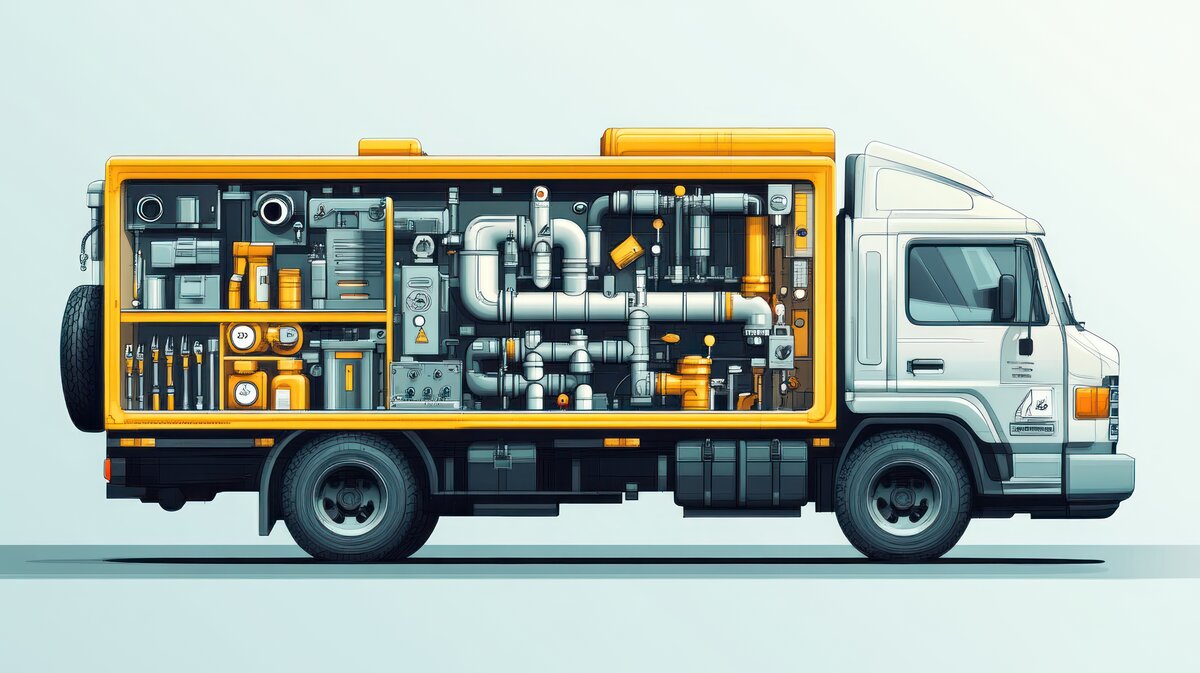 Service truck with organized interior tools and equipment for home services fleet management