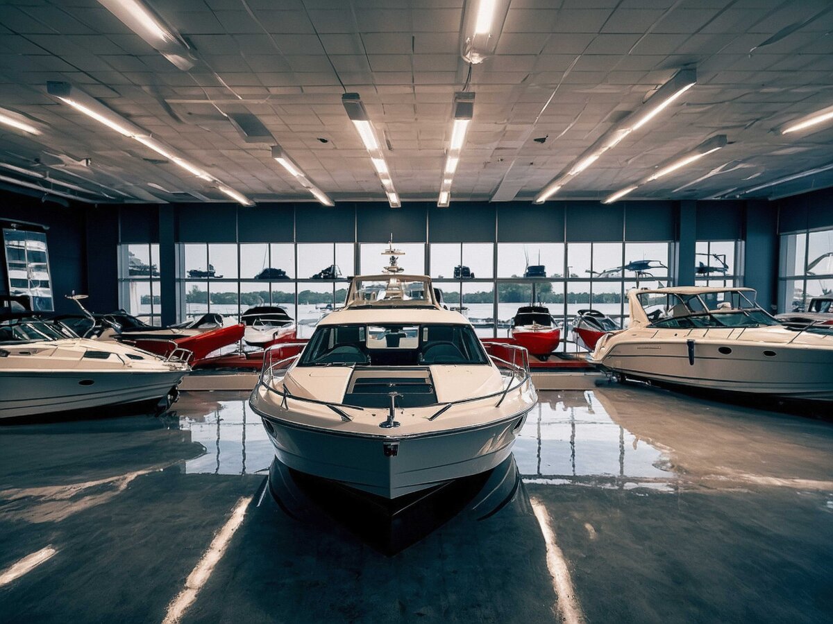 Boat dealership showroom with yachts representing marine industry digital marketing