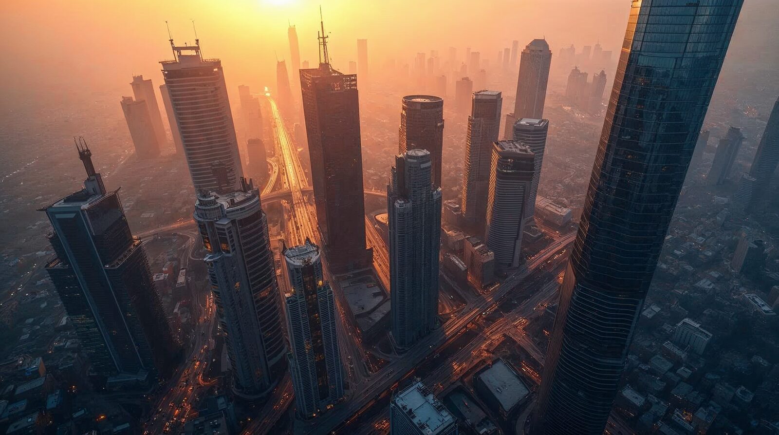 Aerial view of a city financial district representing AI investment costs