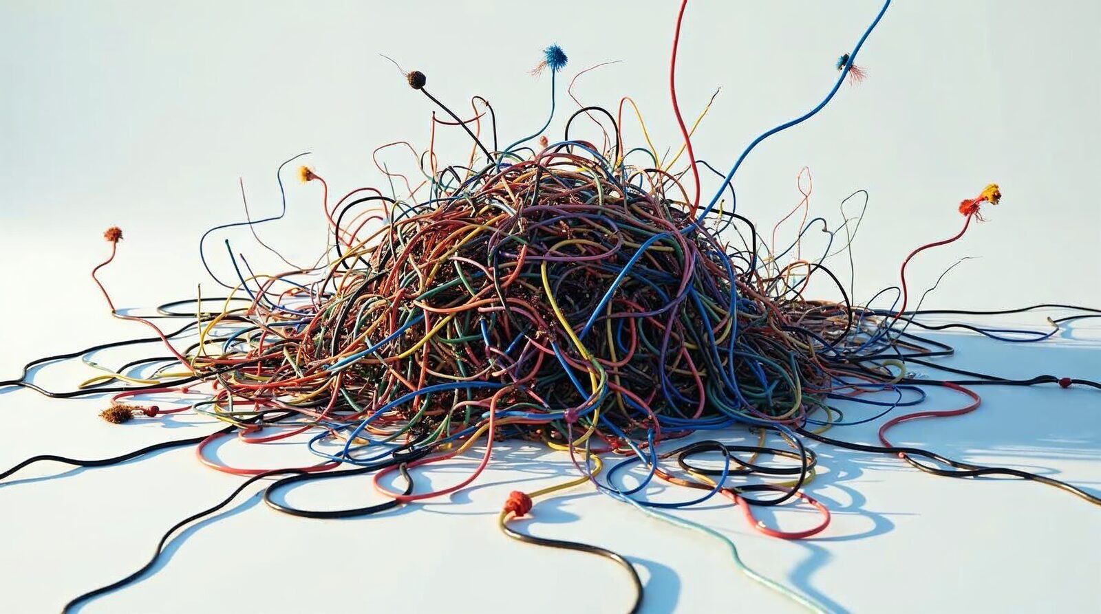 Tangled cables representing failed AI project complexity
