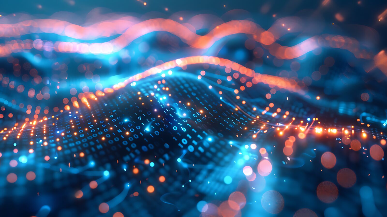 Digital data flow and binary code streams representing AI readiness assessment for small businesses