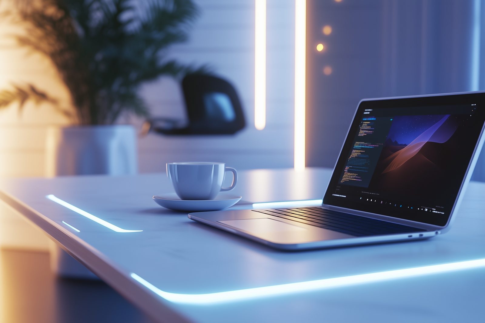Futuristic minimalist workspace with ambient lighting representing modern AI tools for business