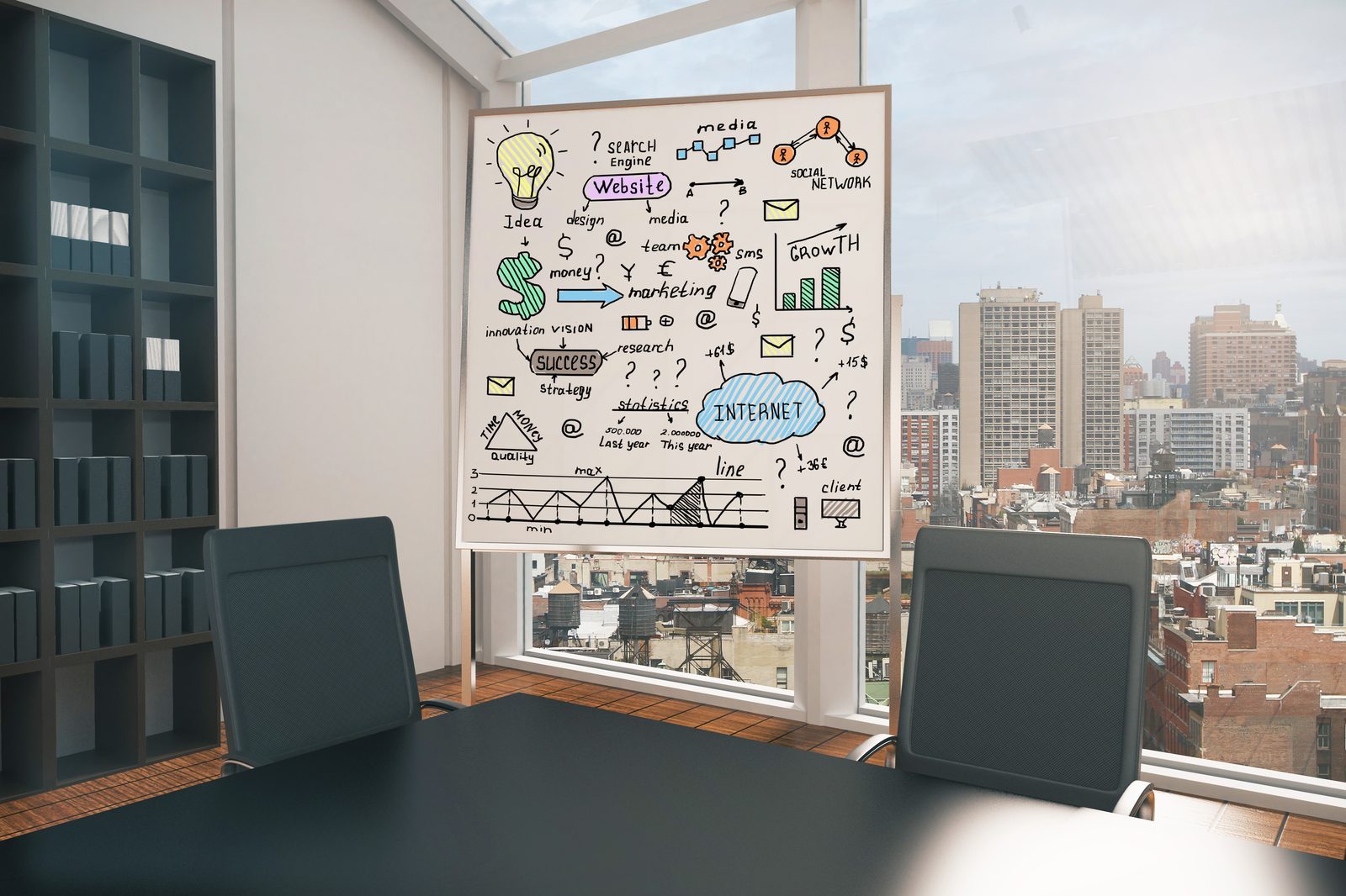 Whiteboard with business strategy sketches comparing technology leadership approaches