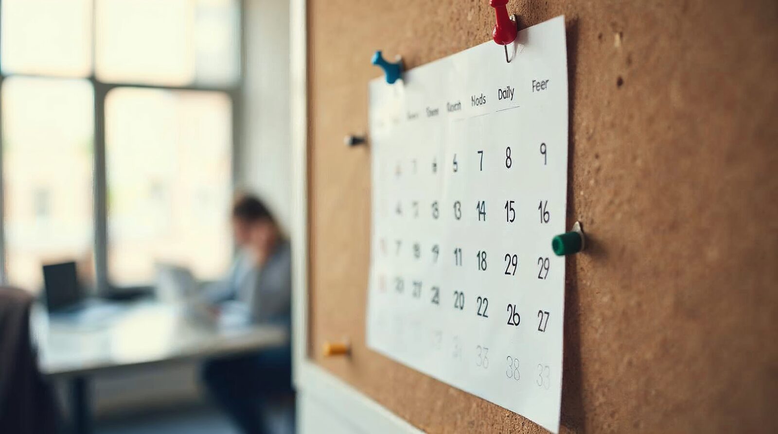 Wall calendar with pins marking the first 30 days of a fractional CTO engagement