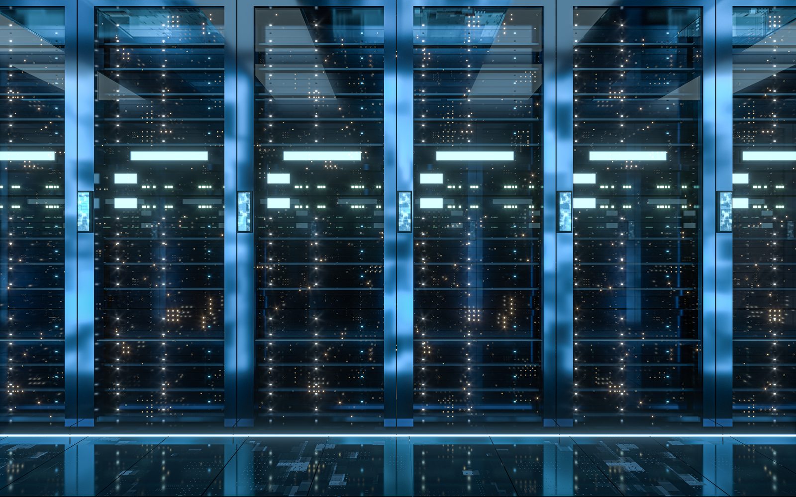 Server rack infrastructure in a data center powering fast website hosting and content delivery